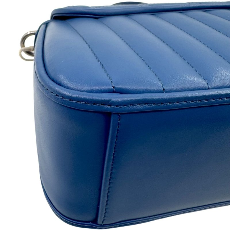 GUCCI古馳 Marmont 銀標Logo 竪條斜紋絎縫 皮革 單肩斜挎手提包 迷你 女款 藍色-12