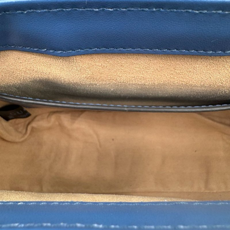 GUCCI古馳 Marmont 銀標Logo 竪條斜紋絎縫 皮革 單肩斜挎手提包 迷你 女款 藍色-13