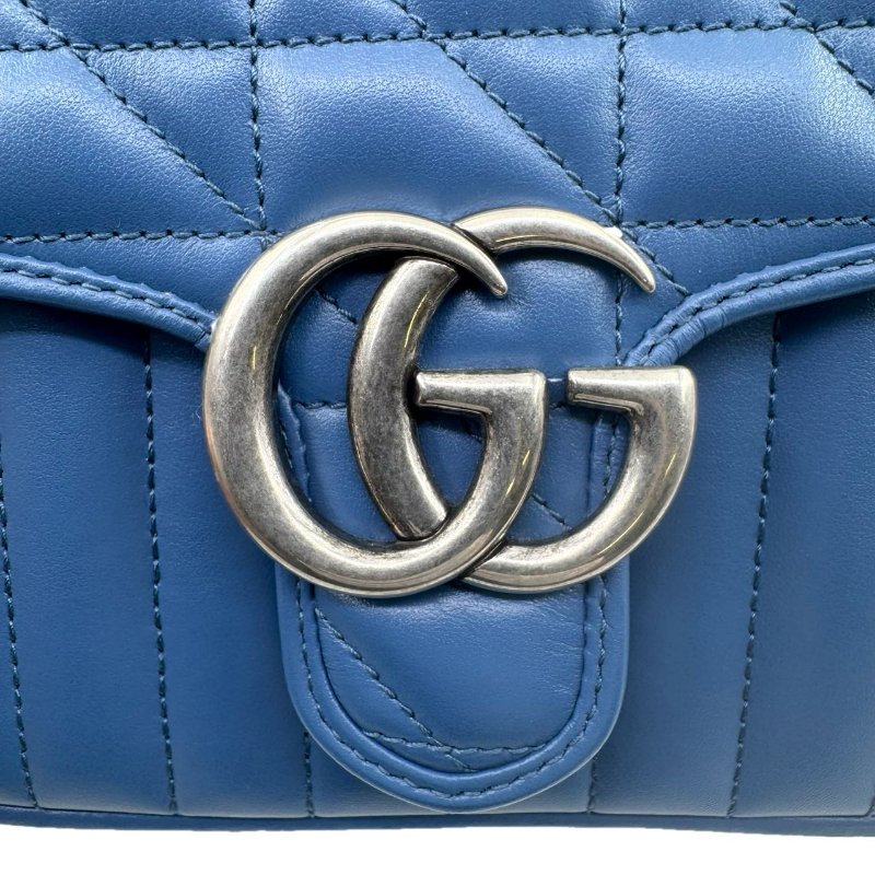 GUCCI古馳 Marmont 銀標Logo 竪條斜紋絎縫 皮革 單肩斜挎手提包 迷你 女款 藍色-14