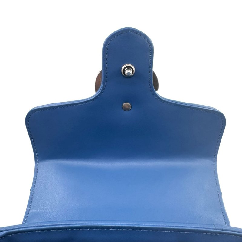 GUCCI古馳 Marmont 銀標Logo 竪條斜紋絎縫 皮革 單肩斜挎手提包 迷你 女款 藍色-15