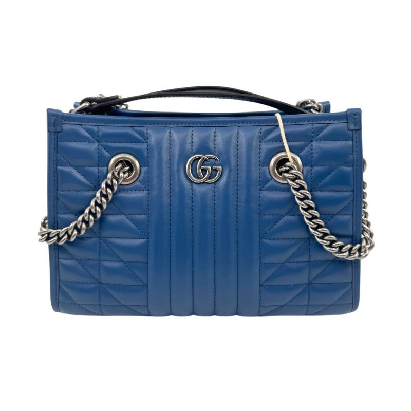 GUCCI古馳 GG Marmont 馬蒙 銀標Logo竪條斜紋鏈條絎縫 皮革 托特包Tote包購物袋斜挎單肩包 女款 藍色-0