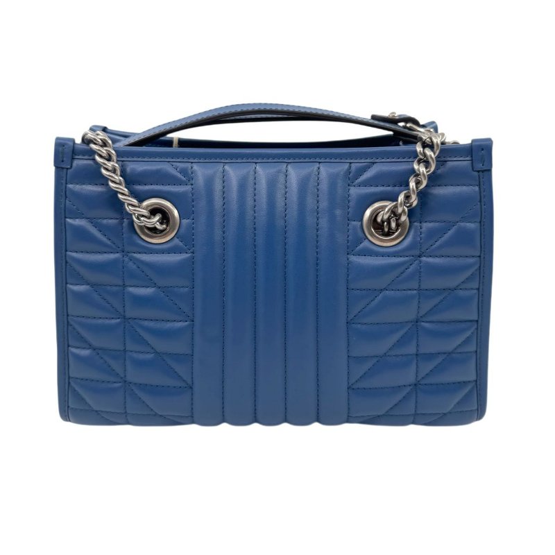 GUCCI古馳 GG Marmont 馬蒙 銀標Logo竪條斜紋鏈條絎縫 皮革 托特包Tote包購物袋斜挎單肩包 女款 藍色-1