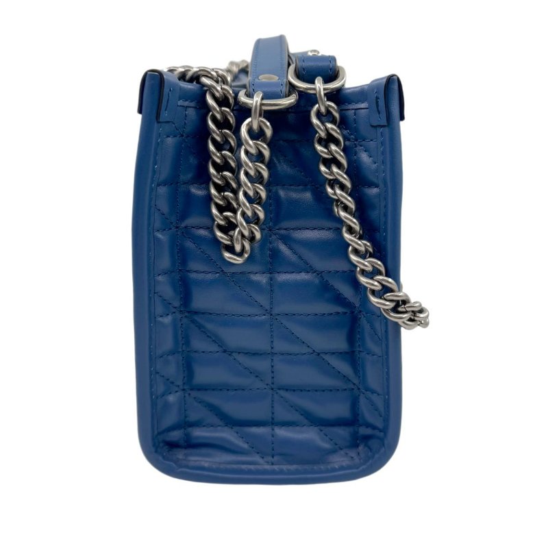 GUCCI古馳 GG Marmont 馬蒙 銀標Logo竪條斜紋鏈條絎縫 皮革 托特包Tote包購物袋斜挎單肩包 女款 藍色-3