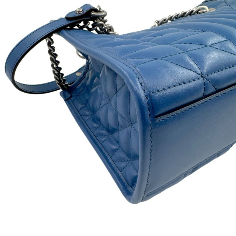 GUCCI古馳 GG Marmont 馬蒙 銀標Logo竪條斜紋鏈條絎縫 皮革 托特包Tote包購物袋斜挎單肩包 女款 藍色-10