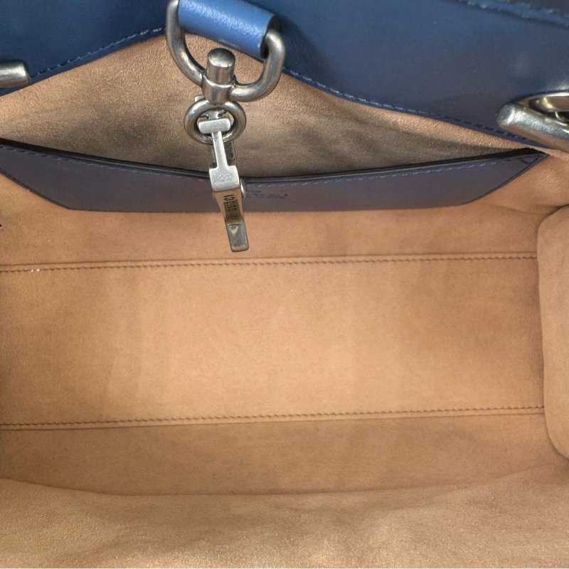 GUCCI古馳 GG Marmont 馬蒙 銀標Logo竪條斜紋鏈條絎縫 皮革 托特包Tote包購物袋斜挎單肩包 女款 藍色-11