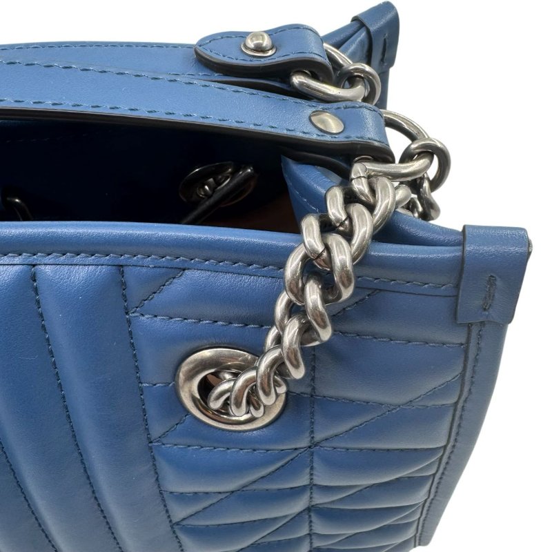 GUCCI古馳 GG Marmont 馬蒙 銀標Logo竪條斜紋鏈條絎縫 皮革 托特包Tote包購物袋斜挎單肩包 女款 藍色-12