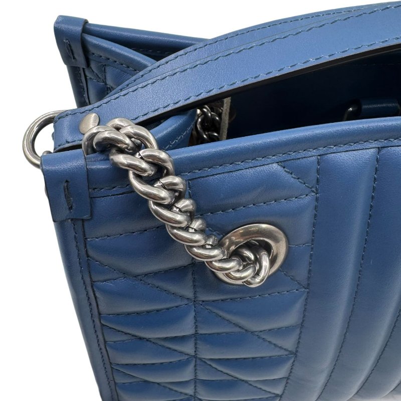 GUCCI古馳 GG Marmont 馬蒙 銀標Logo竪條斜紋鏈條絎縫 皮革 托特包Tote包購物袋斜挎單肩包 女款 藍色-13