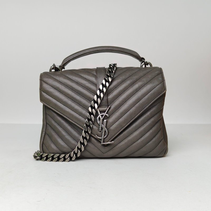 SAINT LAURENT College郵差包中號24灰色牛皮銀扣肩背包-0