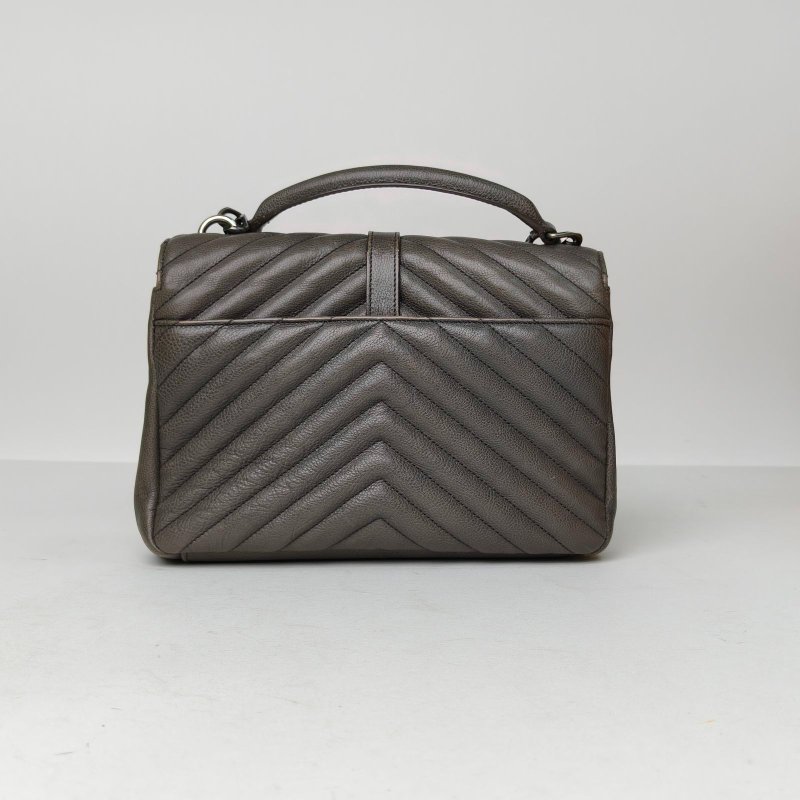 SAINT LAURENT College郵差包中號24灰色牛皮銀扣肩背包-2