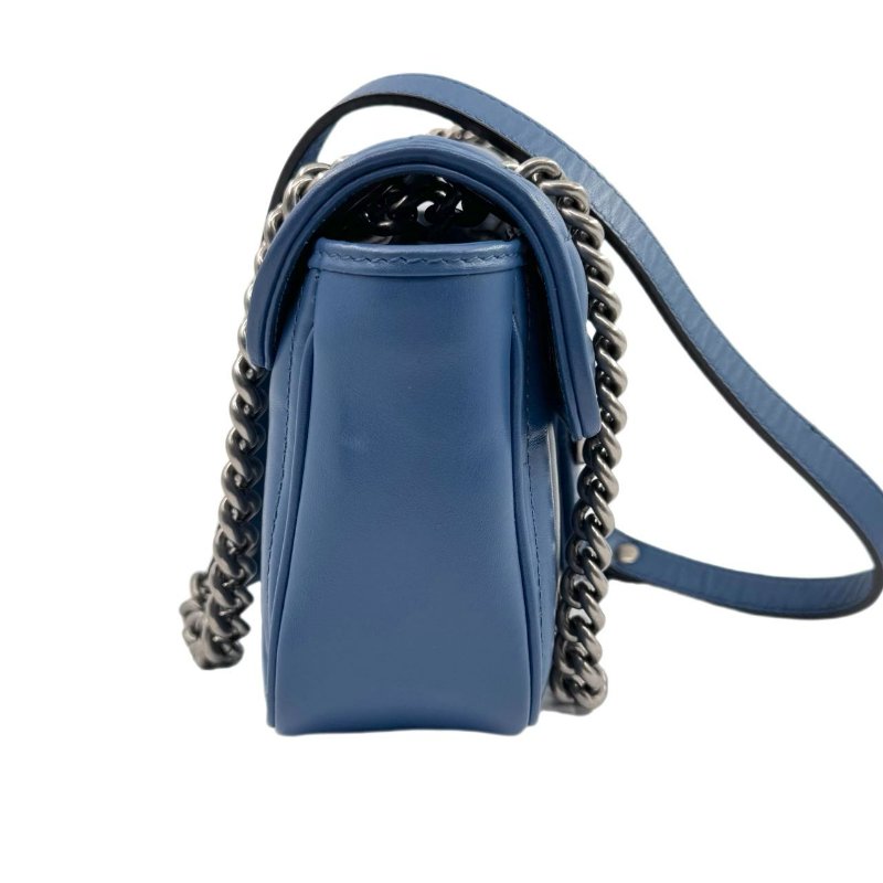 GUCCI古馳 GG Marmont 馬蒙銀標Logo鏈條 絎縫皮革 斜挎單肩包 女款 藍色-2