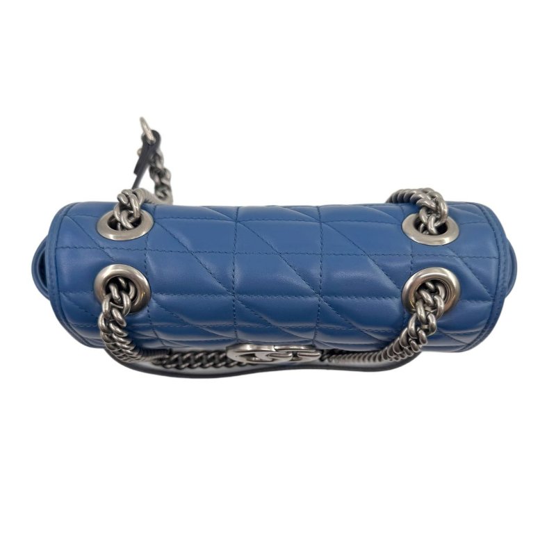 GUCCI古馳 GG Marmont 馬蒙銀標Logo鏈條 絎縫皮革 斜挎單肩包 女款 藍色-4