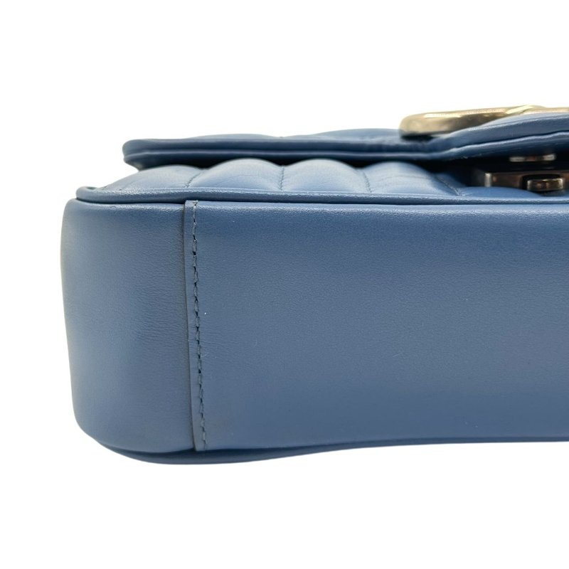 GUCCI古馳 GG Marmont 馬蒙銀標Logo鏈條 絎縫皮革 斜挎單肩包 女款 藍色-6