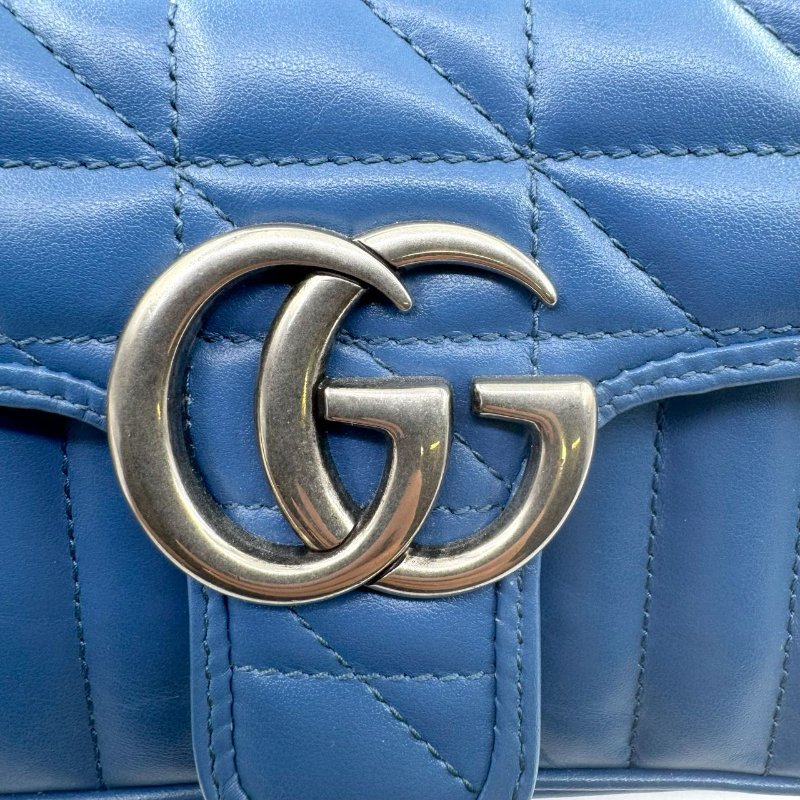 GUCCI古馳 GG Marmont 馬蒙銀標Logo鏈條 絎縫皮革 斜挎單肩包 女款 藍色-9
