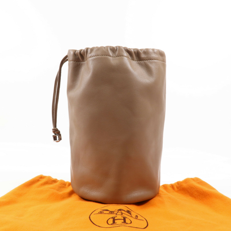 HERMES Milo皮革Bucket Bag銀扣手拿包Etoupe-6