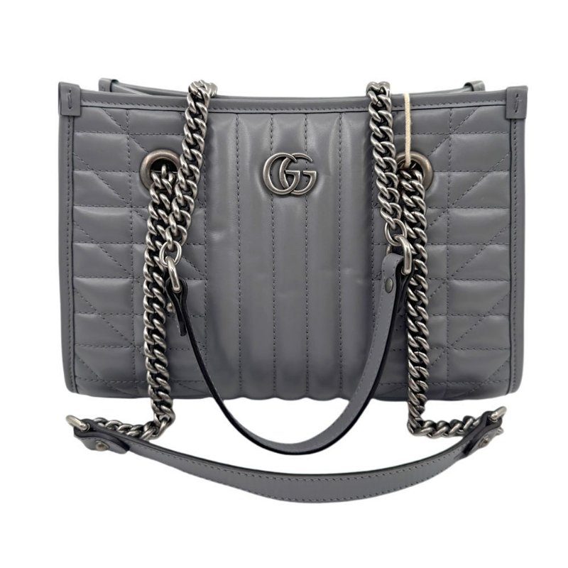GUCCI古馳 GG Marmont 馬蒙 銀標Logo竪條斜紋鏈條絎縫 皮革 托特包Tote包購物袋斜挎單肩包 灰色-0