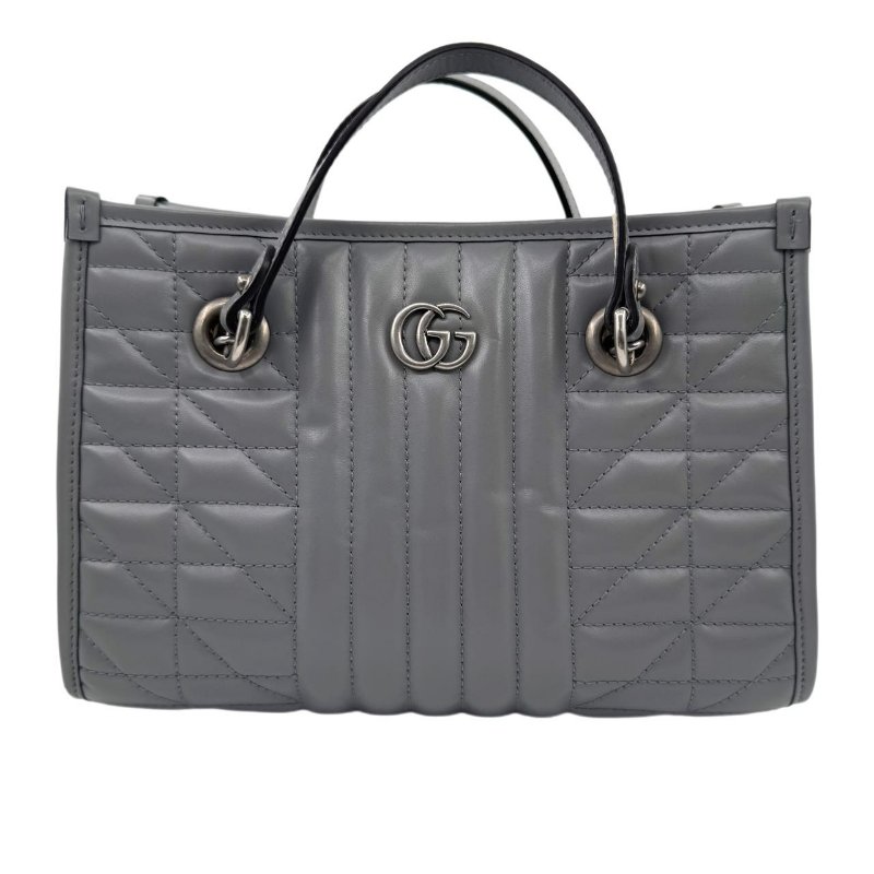 GUCCI古馳 GG Marmont 馬蒙 銀標Logo竪條斜紋鏈條絎縫 皮革 托特包Tote包購物袋斜挎單肩包 灰色-2