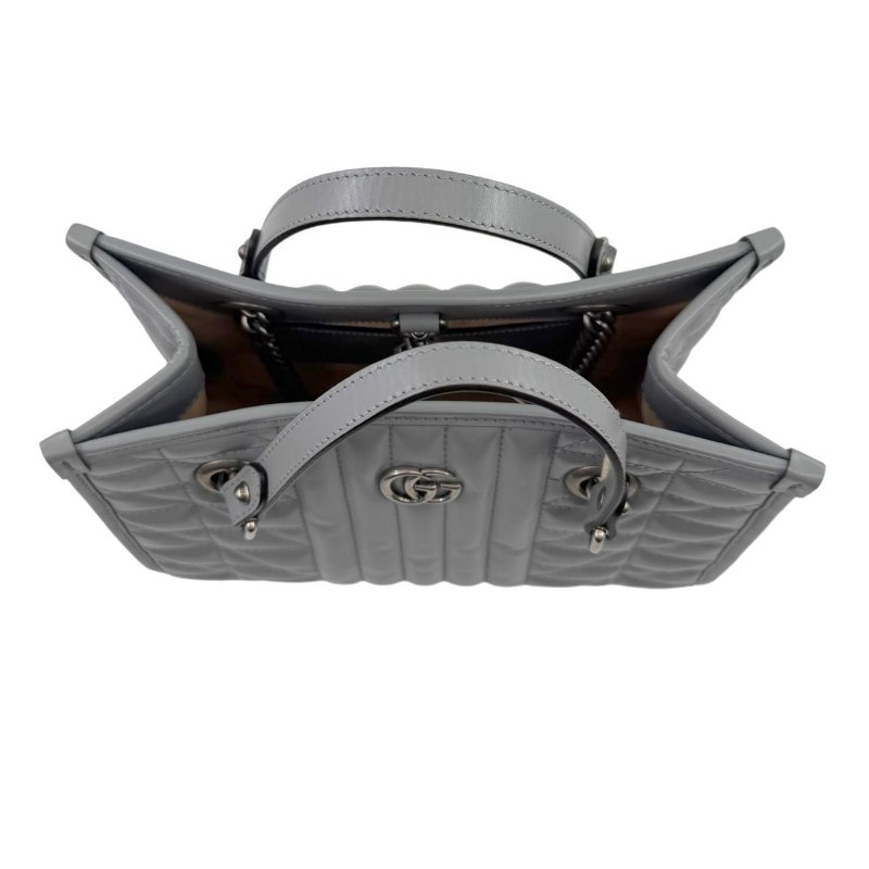 GUCCI古馳 GG Marmont 馬蒙 銀標Logo竪條斜紋鏈條絎縫 皮革 托特包Tote包購物袋斜挎單肩包 灰色-5