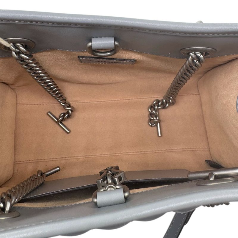 GUCCI古馳 GG Marmont 馬蒙 銀標Logo竪條斜紋鏈條絎縫 皮革 托特包Tote包購物袋斜挎單肩包 灰色-13