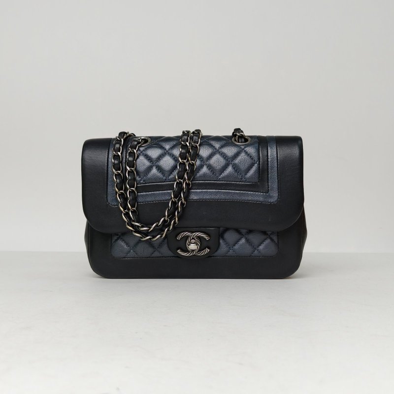 CHANEL 拼色羊皮24開銀扣季節款麻花扣CF口蓋鏈條包/肩背包-0