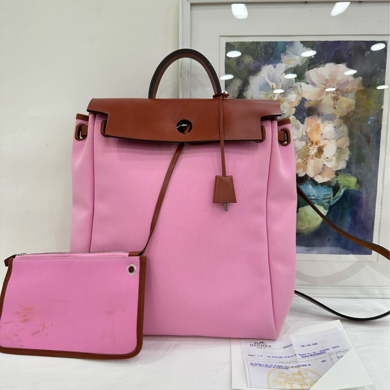 Hermes 愛馬仕 Herbag a dos Zip retourme 雙肩背包pm 粉紅色 雙肩包書包31bag Z刻 銀扣 有單 有點髒 有鑰匙缺鎖-0