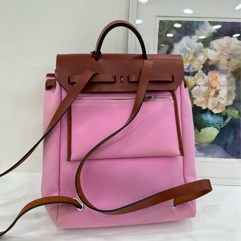 Hermes 愛馬仕 Herbag a dos Zip retourme 雙肩背包pm 粉紅色 雙肩包書包31bag Z刻 銀扣 有單 有點髒 有鑰匙缺鎖-2