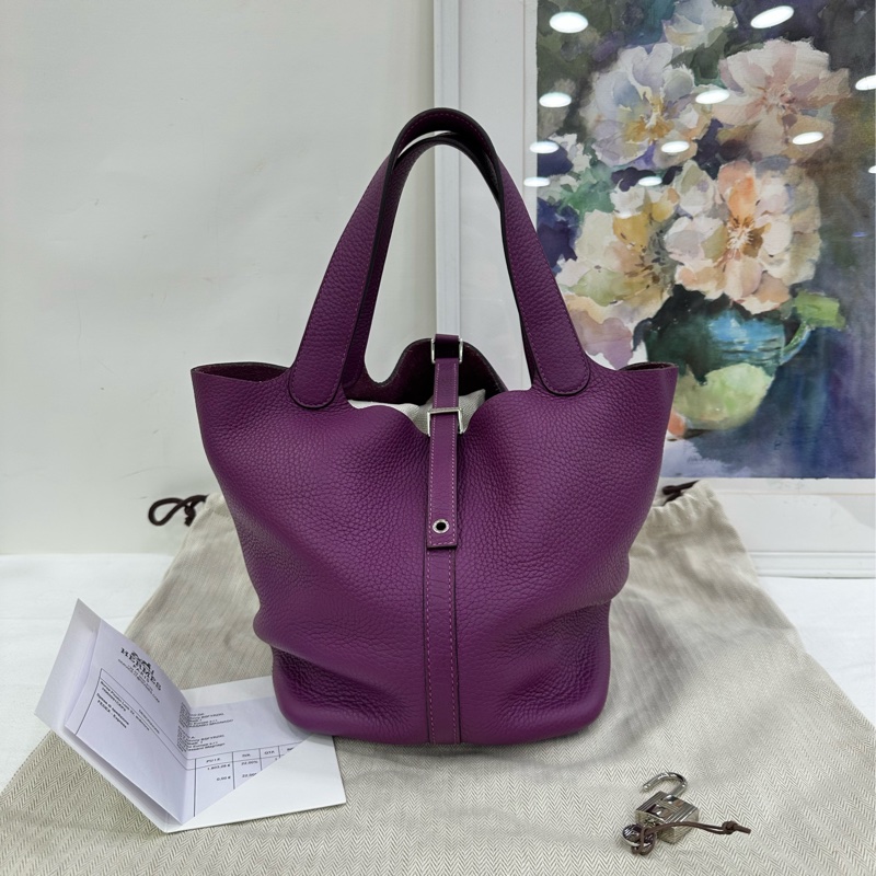 HERMES/愛馬仕 菜籃18海葵紫tc皮銀扣Z刻 有購證-0