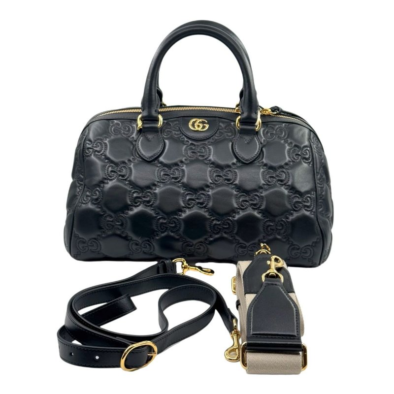 GUCCI古馳 Logo壓印大容量雙肩帶拉鍊絎縫 皮革 斜挎包手提包  黑色-0