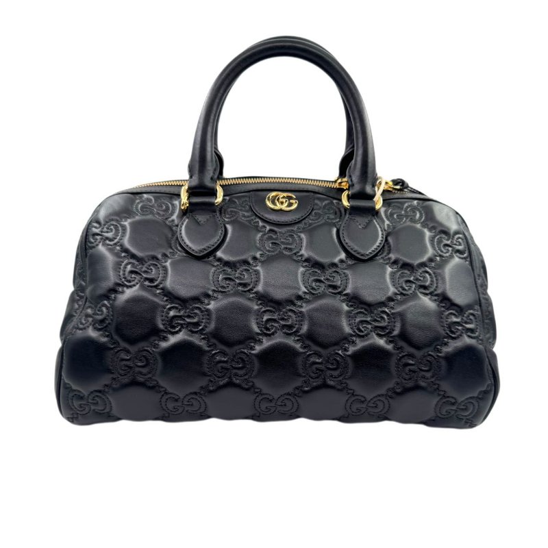 GUCCI古馳 Logo壓印大容量雙肩帶拉鍊絎縫 皮革 斜挎包手提包  黑色-1