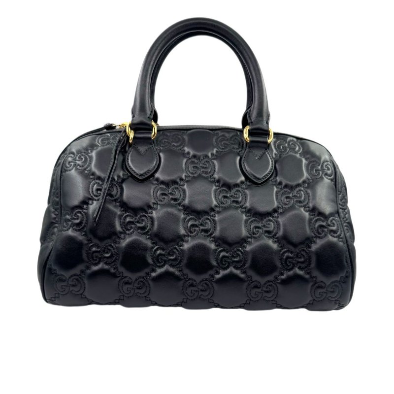 GUCCI古馳 Logo壓印大容量雙肩帶拉鍊絎縫 皮革 斜挎包手提包  黑色-2