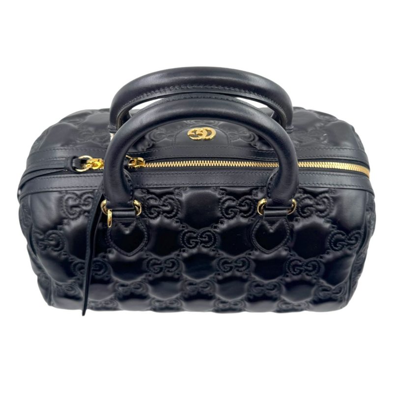 GUCCI古馳 Logo壓印大容量雙肩帶拉鍊絎縫 皮革 斜挎包手提包  黑色-5