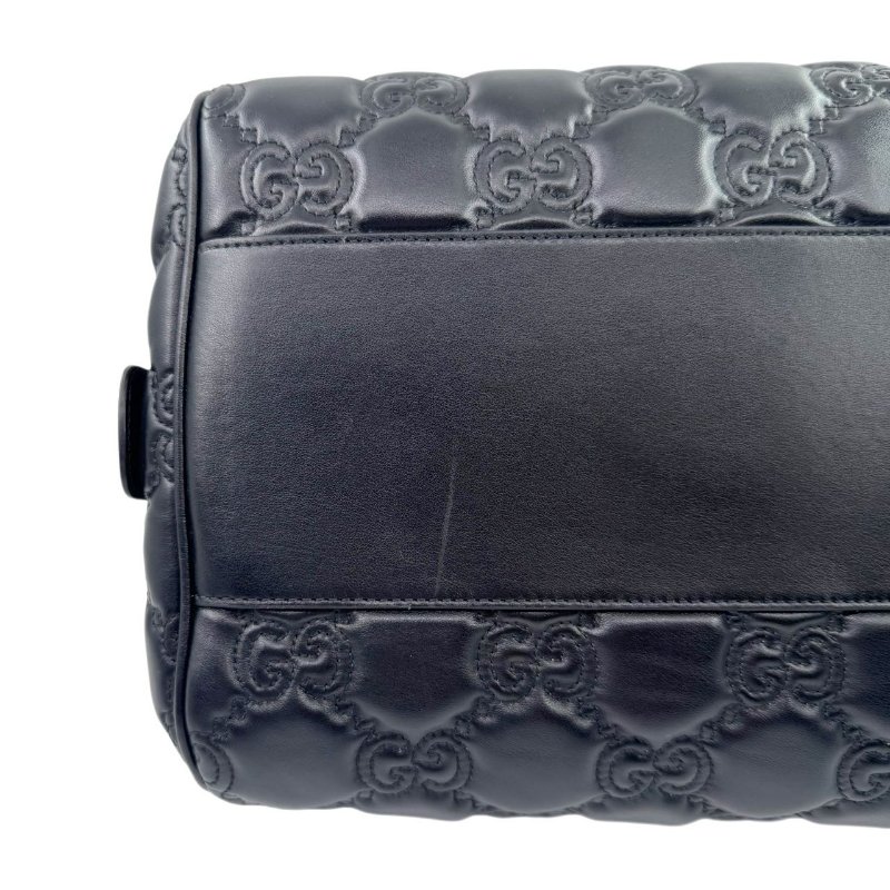 GUCCI古馳 Logo壓印大容量雙肩帶拉鍊絎縫 皮革 斜挎包手提包  黑色-7