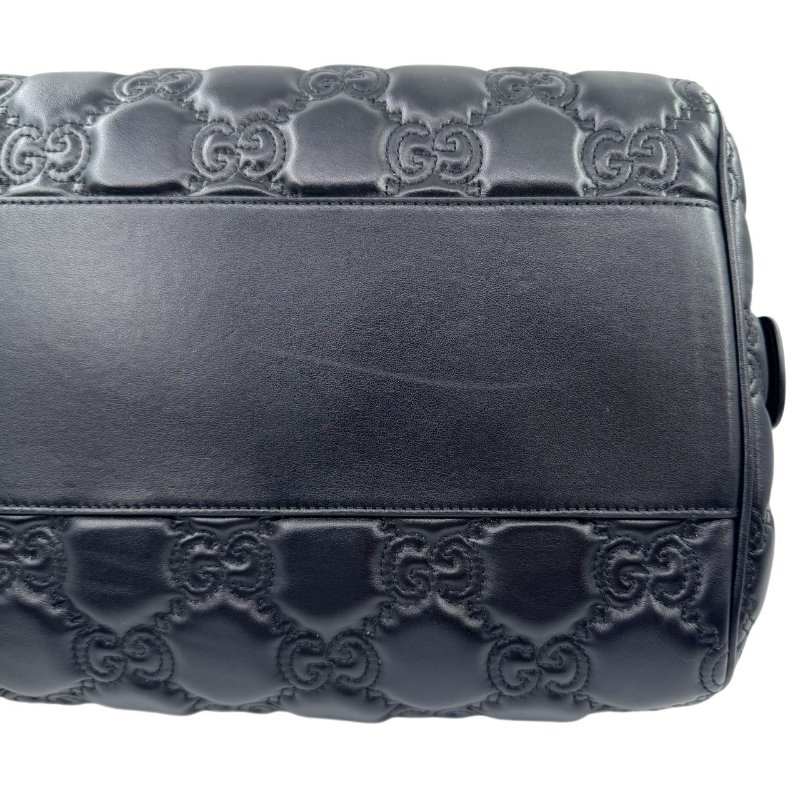 GUCCI古馳 Logo壓印大容量雙肩帶拉鍊絎縫 皮革 斜挎包手提包  黑色-8