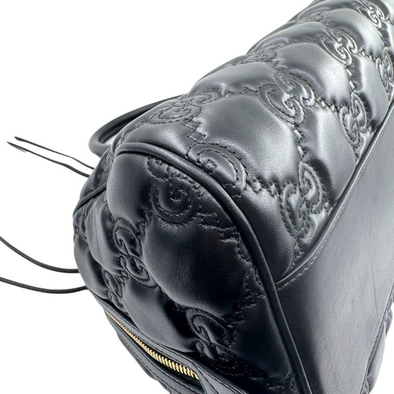 GUCCI古馳 Logo壓印大容量雙肩帶拉鍊絎縫 皮革 斜挎包手提包  黑色-9