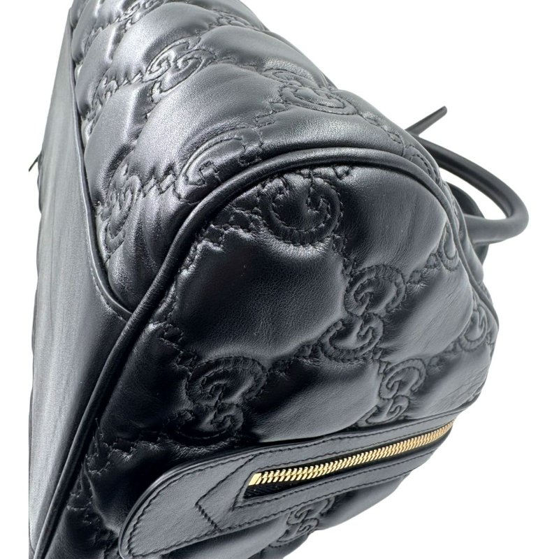 GUCCI古馳 Logo壓印大容量雙肩帶拉鍊絎縫 皮革 斜挎包手提包  黑色-10