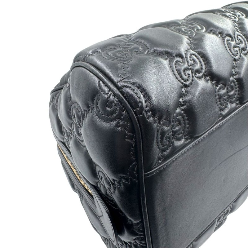 GUCCI古馳 Logo壓印大容量雙肩帶拉鍊絎縫 皮革 斜挎包手提包  黑色-11