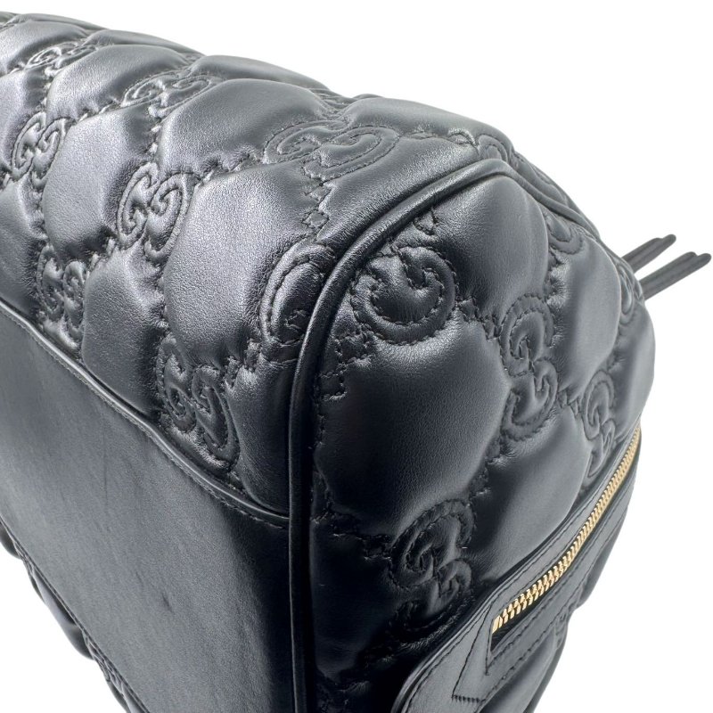 GUCCI古馳 Logo壓印大容量雙肩帶拉鍊絎縫 皮革 斜挎包手提包  黑色-12