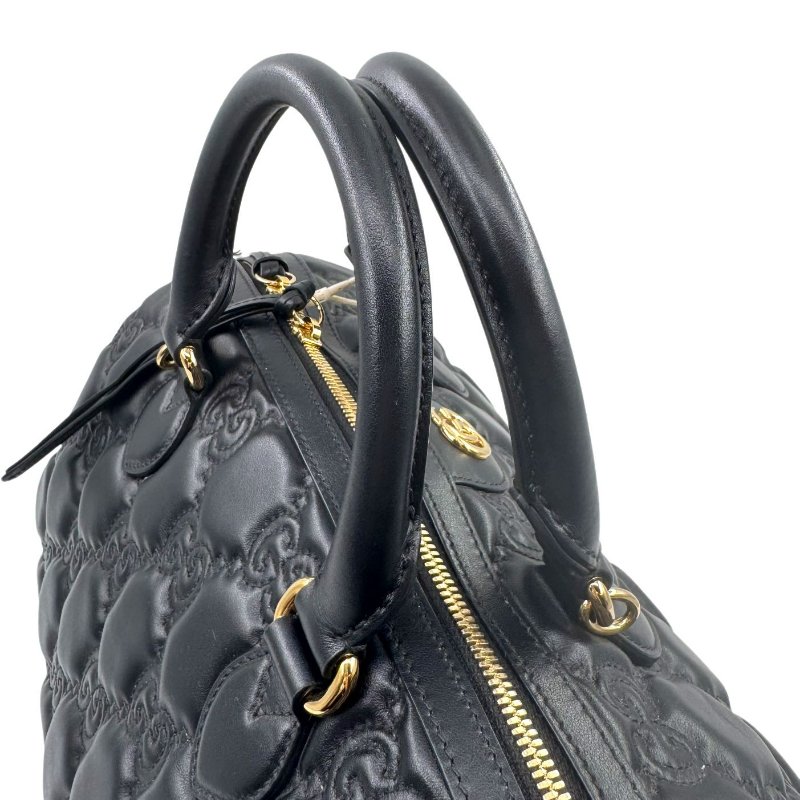 GUCCI古馳 Logo壓印大容量雙肩帶拉鍊絎縫 皮革 斜挎包手提包  黑色-17