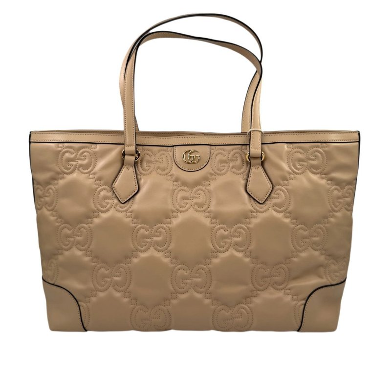 GUCCI古馳 GG Matelassé 金色徽標皮革提手 皮革 托特包購物袋 單肩包手提包 中號 米黃色-0