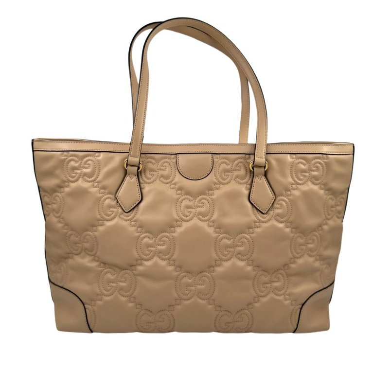 GUCCI古馳 GG Matelassé 金色徽標皮革提手 皮革 托特包購物袋 單肩包手提包 中號 米黃色-1