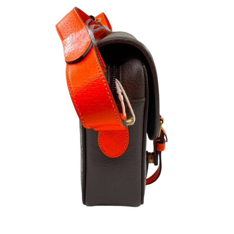 GUCCI古馳 Ophidia 雙G徽標可調節肩帶 帆布拼皮革飾邊 帆布包單肩斜挎包 男款 米色拼烏木色拼橘色-3