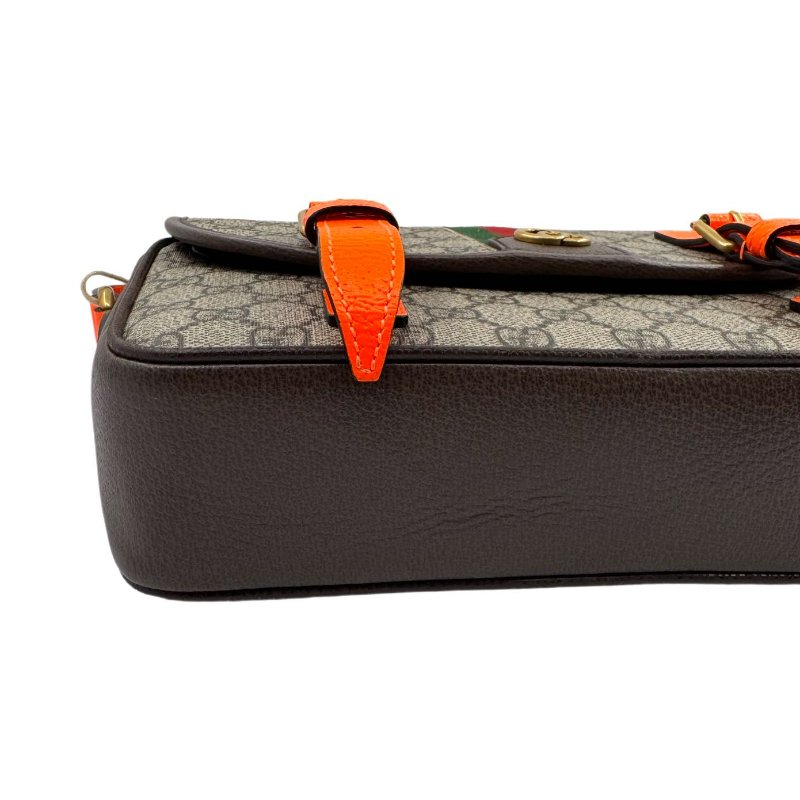 GUCCI古馳 Ophidia 雙G徽標可調節肩帶 帆布拼皮革飾邊 帆布包單肩斜挎包 男款 米色拼烏木色拼橘色-6