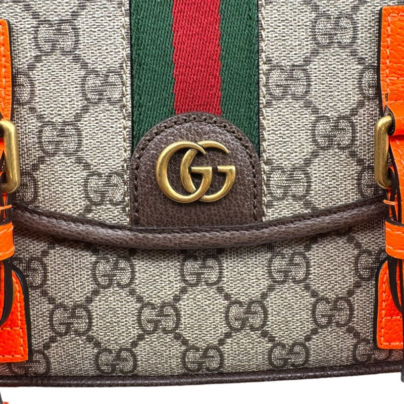 GUCCI古馳 Ophidia 雙G徽標可調節肩帶 帆布拼皮革飾邊 帆布包單肩斜挎包 男款 米色拼烏木色拼橘色-14