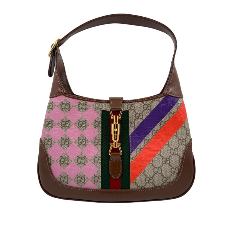 GUCCI古馳 Jackie 1961 金色鎖扣幾何印花可拆卸延長肩帶 帆布拼皮革飾邊 半月腋下包 單肩包 小號 女款 棕粉拼色-0