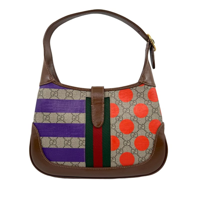 GUCCI古馳 Jackie 1961 金色鎖扣幾何印花可拆卸延長肩帶 帆布拼皮革飾邊 半月腋下包 單肩包 小號 女款 棕粉拼色-1