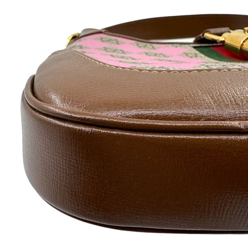 GUCCI古馳 Jackie 1961 金色鎖扣幾何印花可拆卸延長肩帶 帆布拼皮革飾邊 半月腋下包 單肩包 小號 女款 棕粉拼色-9