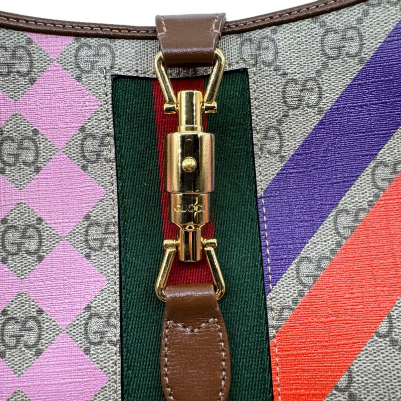 GUCCI古馳 Jackie 1961 金色鎖扣幾何印花可拆卸延長肩帶 帆布拼皮革飾邊 半月腋下包 單肩包 小號 女款 棕粉拼色-11