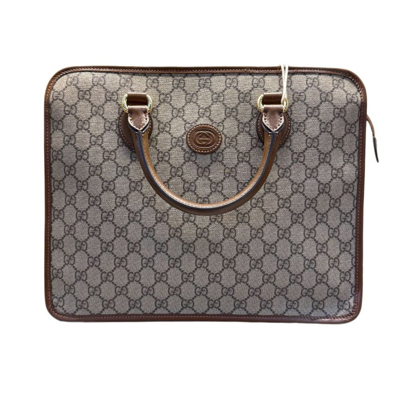 GUCCI古馳 老花Logo互扣式雙G徽標 帆布拼皮 帆布包公文包單肩斜挎手提包 常規 男款 烏木色拼棕色-0