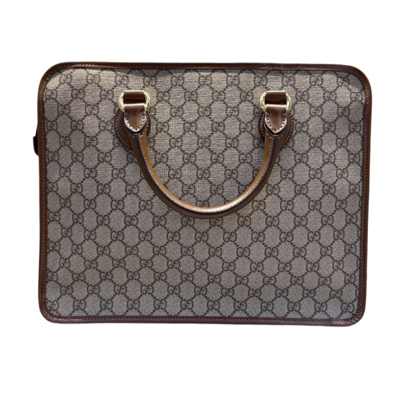 GUCCI古馳 老花Logo互扣式雙G徽標 帆布拼皮 帆布包公文包單肩斜挎手提包 常規 男款 烏木色拼棕色-1