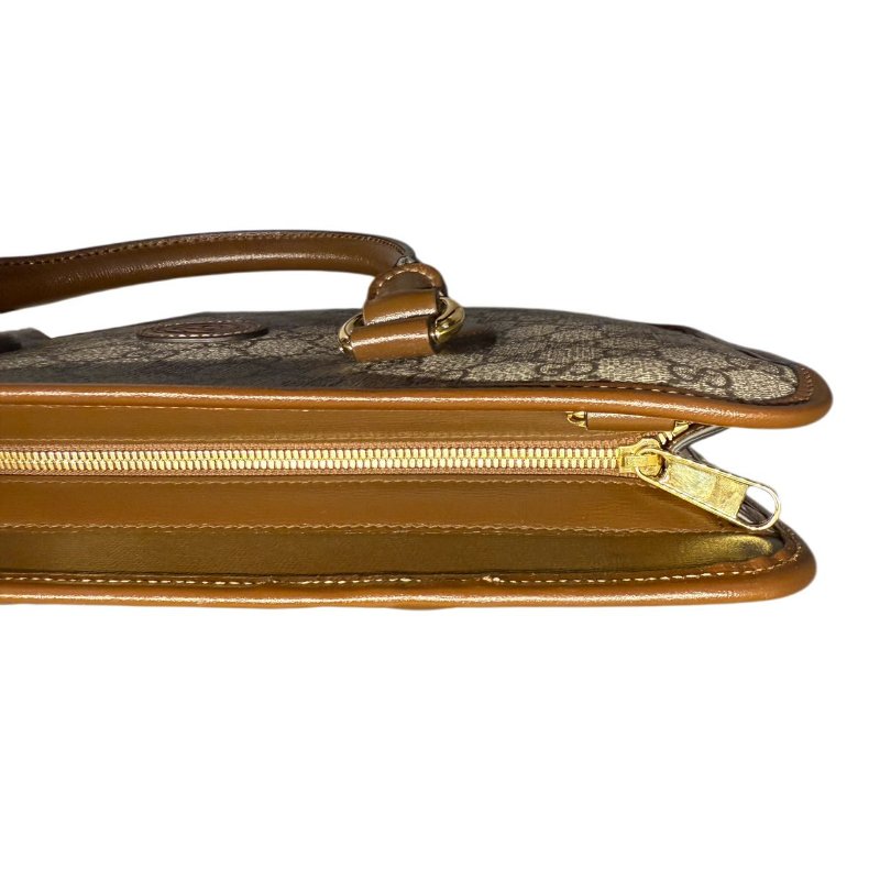 GUCCI古馳 老花Logo互扣式雙G徽標 帆布拼皮 帆布包公文包單肩斜挎手提包 常規 男款 烏木色拼棕色-12