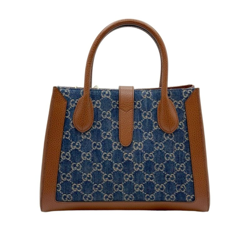 GUCCI古馳 Jackie 1961 金色鎖扣老花滿印織物皮革雙肩帶 帆布拼皮革飾邊 托特包 手提包單肩包 中號 灰藍拼色-1